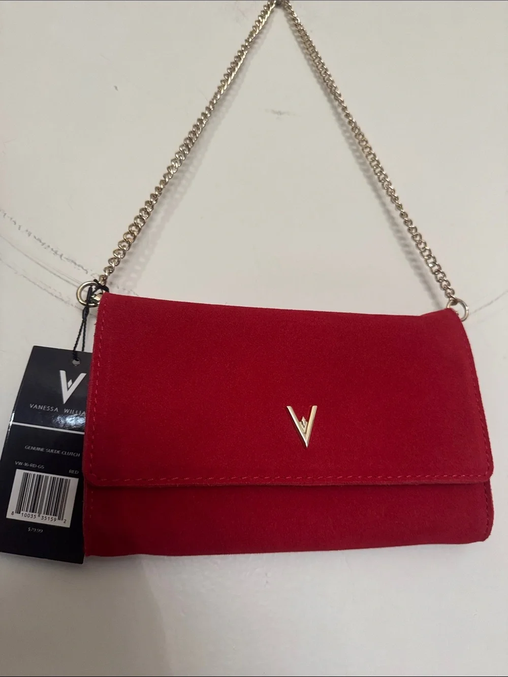Vanessa Williams Red Suede Clutch with Gold Chain